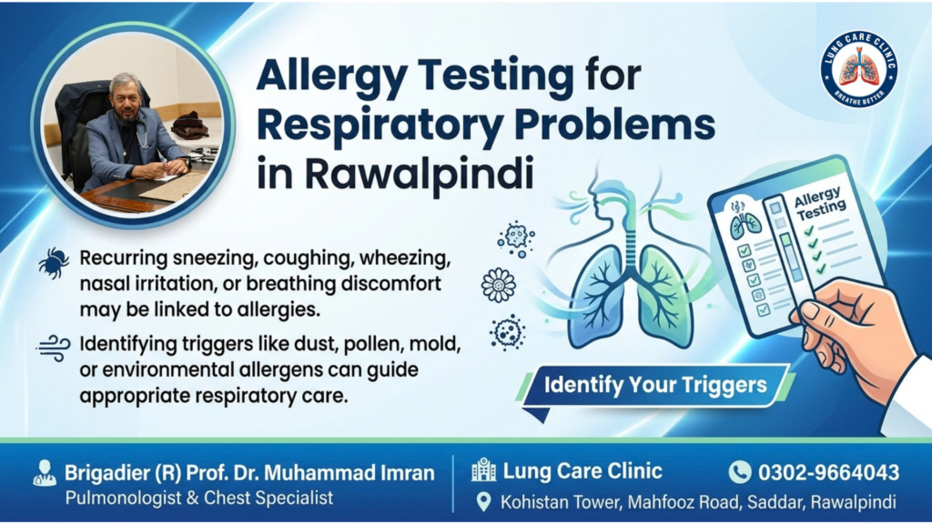 # Allergy Testing for Respiratory Problems in Rawalpindi Recurring sneezing, coughing, wheezing, nasal irritation, and breathing discomfort can sometimes be related to allergies. However, respiratory symptoms do not always have a single cause. Dust, pollen, mold, animal allergens, air pollution, infections, asthma, and other conditions can produce similar complaints. Allergy testing in Rawalpindi can help identify specific allergens that may be contributing to a person's symptoms and support a more targeted evaluation. For people who experience repeated respiratory symptoms, understanding possible triggers is an important part of long-term care. A respiratory specialist can assess the symptoms, medical history, environmental exposures, and relevant test results before recommending an appropriate management plan. ## What Is Allergy Testing? Allergy testing is used to help determine whether a person has an allergic sensitivity to particular substances, known as allergens. Common allergens associated with respiratory symptoms include: * House dust mites * Pollen * Mold spores * Animal dander * Certain environmental particles * Some occupational allergens Testing does not simply determine whether someone has βan allergy.β Instead, the appropriate test can help identify specific substances to which the immune system may react. The choice of test depends on the person's symptoms, medical history, age, medications, and suspected triggers. ## Why Consider Allergy Testing for Respiratory Problems? Allergies can affect the nose, sinuses, throat, and lower airways. In some people, exposure to an allergen may trigger symptoms such as sneezing, nasal congestion, coughing, wheezing, or breathing difficulty. Allergic inflammation can also be associated with asthma in susceptible individuals. For example, someone may notice that coughing or wheezing becomes worse after cleaning a dusty room. Another person may experience symptoms during a particular pollen season. Someone else may notice breathing problems around pets or in a damp environment where mold may be present. Identifying these patterns can be useful, but symptoms alone cannot always confirm an allergy. This is where appropriate clinical assessment and, when indicated, allergy testing can provide additional information. ## Common Symptoms That May Be Associated With Respiratory Allergies Respiratory allergy symptoms vary depending on the allergen and the individual. Possible symptoms include: * Frequent sneezing * Runny or blocked nose * Itchy nose * Watery or itchy eyes * Post-nasal drainage * Recurrent coughing * Throat irritation * Wheezing * Chest tightness * Shortness of breath * Symptoms that worsen in dusty environments Some people experience mainly upper-airway symptoms, while others may have lower-airway symptoms or asthma-related complaints. Persistent breathing symptoms should not automatically be attributed to allergies. A specialist may need to consider asthma, COPD, respiratory infections, reflux, sinus disease, or other conditions. ## Dust Allergy and Breathing Problems Dust is a common concern for people experiencing respiratory symptoms. House dust can contain multiple components, including dust-mite particles, fibers, animal material, and other substances. Dust mites are particularly relevant to allergic disease in susceptible individuals. A person may notice symptoms when cleaning, sweeping, changing bedding, handling carpets, or spending time in dusty environments. Possible symptoms include sneezing, nasal congestion, coughing, wheezing, and breathing discomfort. However, not every reaction to dust is an allergy. Dust can also irritate the airways without causing an allergic immune response. Therefore, a detailed history can help distinguish possible allergic symptoms from general airway irritation. ## What Is a Skin Prick Allergy Test? A skin-prick test is one method used to assess sensitivity to selected allergens. During testing, small amounts of suspected allergens are introduced into the superficial skin, commonly on the forearm or back. The skin is then observed for a localized reaction. A positive test can indicate sensitization to that allergen. However, sensitization does not always mean that the allergen is responsible for a person's symptoms. This is why test results should be interpreted together with the patient's medical history and symptom pattern. Skin testing should be performed and interpreted by appropriately trained healthcare professionals, particularly when there is a history of significant allergic reactions. ## What Is an IgE Blood Test? Blood testing can also be used to assess allergen-specific IgE antibodies. This may be considered when skin testing is unsuitable or when a clinician wants additional information about specific suspected allergens. Blood tests can be useful in selected situations, but they also have limitations. A positive result does not automatically prove that an allergen causes a person's symptoms. Likewise, test results should not be interpreted in isolation. The appropriate testing method depends on the individual patient and the clinical question being investigated. ## Allergy Testing and Asthma Allergies and asthma can be connected, particularly in people with allergic asthma. Exposure to allergens such as dust mites, pollen, mold, or animal dander may trigger asthma symptoms in susceptible individuals. These symptoms can include: * Wheezing * Coughing * Chest tightness * Shortness of breath If someone has both suspected allergies and recurring breathing problems, evaluation may involve more than allergy testing. A respiratory specialist may also consider lung-function testing, such as spirometry, depending on the symptoms. The purpose is to understand whether airway narrowing or asthma is contributing to the breathing problem. ## Does a Positive Allergy Test Mean You Have an Allergy? Not necessarily. This is an important point when interpreting allergy test results. A positive test can indicate sensitization, meaning the immune system has antibodies or a response associated with a particular allergen. However, the person may not experience symptoms whenever exposed to that substance. For this reason, a clinician considers: * The patient's symptoms * Timing of symptoms * Exposure history * Test results * Medical history * Other possible causes This approach helps avoid unnecessary elimination of foods, environmental restrictions, or treatments based solely on a laboratory result. ## When Should You Consider Allergy Testing? Allergy testing may be considered when respiratory or nasal symptoms repeatedly occur in connection with suspected environmental exposures. Examples include symptoms that: * Recur around dust * Become worse during pollen seasons * Occur around pets * Increase in damp or mold-prone environments * Appear during specific workplace exposures * Accompany recurrent wheezing or asthma symptoms * Continue despite routine symptom management Testing is not necessarily required for every person with sneezing or coughing. A healthcare professional can determine whether testing is appropriate after reviewing the individual's symptoms and history. ## Preparing for Allergy Testing Preparation depends on the type of allergy test being performed. Some medications, particularly certain antihistamines, can affect the results of skin testing. Patients should therefore tell their healthcare provider about all medicines they are taking. Do not stop prescribed medication on your own simply because you are planning an allergy test. The healthcare professional can provide specific instructions about whether any medication needs to be temporarily adjusted. ## What Happens After Allergy Testing? The next step depends on the test results and the patient's symptoms. If a clinically relevant allergen is identified, the healthcare professional may recommend strategies to reduce exposure. For example, dust-sensitive individuals may benefit from practical measures to reduce indoor allergen exposure. People with pollen-related symptoms may be advised about environmental precautions during periods of high exposure. If asthma is also present, the management plan may include appropriate asthma treatment. In some cases, further evaluation may be necessary because allergy testing does not explain all respiratory symptoms. ## Allergy Testing Does Not Replace Respiratory Evaluation A person may have breathing symptoms even when allergy testing does not identify a significant allergic trigger. This can happen because respiratory symptoms have many possible causes. For example, wheezing can occur with asthma, respiratory infections, COPD, or other airway problems. Chronic cough can be related to asthma, post-nasal drainage, reflux, medication effects, infections, or other conditions. Similarly, shortness of breath can have pulmonary, cardiac, blood-related, or other causes. Therefore, allergy testing should be considered as part of an appropriate clinical evaluation when indicated, rather than as a universal test for every breathing complaint. ## Allergy Testing in Rawalpindi People looking for allergy testing in Rawalpindi may have different concerns, ranging from dust sensitivity and seasonal allergies to recurrent cough, wheezing, or asthma symptoms. At Lung Care Clinic in Saddar, Rawalpindi, respiratory symptoms can be assessed by Brigadier (R) Prof. Dr. Muhammad Imran, Pulmonologist & Chest Specialist. A consultation can help determine whether symptoms may be related to allergies, asthma, airway disease, environmental exposure, or another respiratory condition. Where clinically appropriate, further testing can be considered based on the individual's symptoms and medical history. The goal is to identify the likely cause of respiratory symptoms rather than relying on a single test without context. ## Managing Dust and Environmental Triggers Reducing exposure to suspected allergens may help some people manage symptoms. Practical measures can include: * Keeping sleeping areas clean * Washing bedding regularly * Reducing dust accumulation * Cleaning surfaces appropriately * Addressing visible mold or dampness * Improving indoor ventilation where appropriate * Avoiding tobacco smoke * Reducing exposure to known personal triggers The exact strategy depends on the suspected allergen. It is also important to remember that excessive cleaning chemicals, strong fragrances, smoke, and other irritants can affect sensitive airways even when they are not allergens. ## When to See a Respiratory Specialist Consider specialist evaluation if you experience recurring: * Wheezing * Chest tightness * Shortness of breath * Persistent cough * Nighttime breathing symptoms * Breathing problems around dust or other suspected triggers * Recurrent asthma-like symptoms * Respiratory symptoms that interfere with daily activities A pulmonologist can help determine whether the symptoms are consistent with asthma, allergy-related airway problems, another respiratory condition, or a combination of factors. ## When Breathing Symptoms Need Urgent Care Allergy symptoms are often mild, but serious reactions can occur. Seek urgent medical attention if breathing difficulty becomes severe, especially when accompanied by swelling of the lips or tongue, difficulty speaking, fainting, confusion, bluish discoloration, or rapidly worsening symptoms. Severe breathing difficulty should never be assumed to be a simple dust allergy. ## Final Thoughts Allergy testing can be useful when recurring respiratory symptoms appear to be associated with specific environmental triggers. Dust mites, pollen, mold, and animal allergens are among the substances that may be relevant to people with allergic respiratory conditions. However, a positive allergy test does not automatically establish that an allergen is responsible for every symptom. Test results should be interpreted alongside the patient's history, symptoms, and clinical examination. For people experiencing recurrent coughing, wheezing, chest tightness, sneezing, or breathing discomfort, an appropriate respiratory evaluation can help identify the possible cause and guide further testing or management. If you are looking for allergy testing in Rawalpindi because of recurring respiratory symptoms, discuss your concerns with a qualified respiratory specialist before starting treatment or making major changes to your environment. π¨ββοΈ Brigadier (R) Prof. Dr. Muhammad Imran Pulmonologist & Chest Specialist π₯ Lung Care Clinic π Kohistan Tower, Mahfooz Road, Saddar, Rawalpindi π 0302-9664043 π² Call 0302-9664043 for Specialist Respiratory Evaluation. ## SEO Details Focus Keyword: Allergy Testing in Rawalpindi SEO Title: Allergy Testing in Rawalpindi: Respiratory Allergy Guide Slug: allergy-testing-rawalpindi Meta Description: Learn about allergy testing in Rawalpindi for dust, pollen, and respiratory allergies, including testing options and specialist evaluation. 40-Word Excerpt: Allergy testing can help identify possible triggers behind recurring respiratory symptoms such as coughing, wheezing, sneezing, and breathing discomfort. Learn about dust and pollen allergies, skin-prick and blood testing, respiratory evaluation, and when to consult a specialist in Rawalpindi.